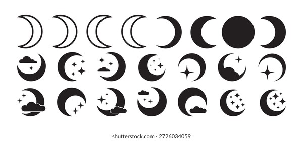 Conjunto de vetores Moon Phases. Lunar Phases Collection, Night Sky Moon Phases Stars ícone Estilo mínimo. ilustração vetorial eps 10