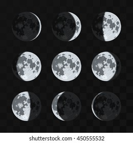 Conjunto vectorial de fases lunares. Ilustración de luna llena de la noche y la naturaleza