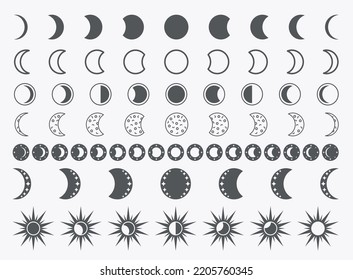 Silhouettes vectorial de fases lunares con estrellas. Objetos de media luna negra. Astronomía nocturna. Eclipse lunar. Ilustración del espacio mágico. Símbolos celestes retro.