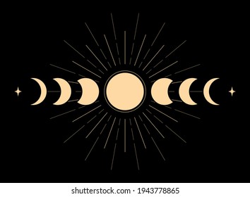 Moon phases in vintage style. Vector illustration. Line art