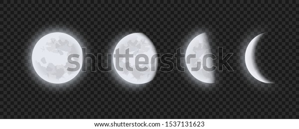 Moon phases, waning or\
waxing crescent moon on transparent checkered background. Lunar\
eclipse in stages from full moon to thin moon, realistic vector\
illustration.