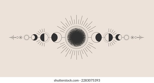 Fases de la luna durante todo el ciclo, etapas de actividad de la luna, símbolos de astrología mágica. Sombra astronómica de la esfera lunar, ciclo completo desde el primer hasta el último cuarto de ilustración vectorial realista