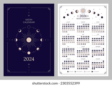 Moon phases whole cycle, moonlight activity stages design template. Astrology, astronomical lunar sphere shadow, whole cycle from new to full moon calendar banner, card vector illustration