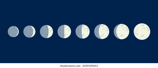 Fases lunares. Todo el ciclo de luna nueva a luna llena. Icono de la astronomía espacial nocturna y la naturaleza fases de la luna, sombra de la esfera. Ilustración de vector