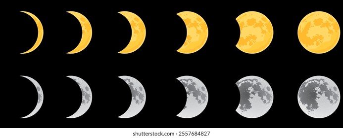 Moon phases. The whole cycle from new moon to full moon.  Yellow, gray satellite sphere icons night space astronomy and nature moon phases, sphere shadow. Glowing moonlight Vector illustration EPS10