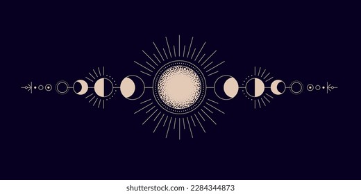 Moon phases whole cycle on night sky, moonlight activity stages. Astrology, astronomical lunar sphere shadow, whole cycle from new to full moon realistic vector illustration