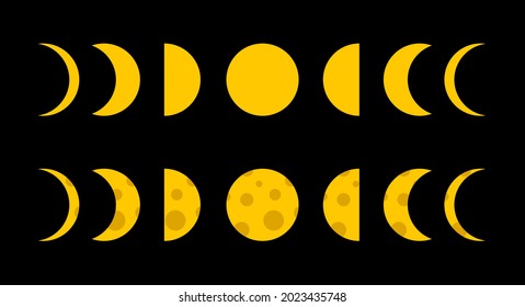 Der Mond startet gelbe Symbolmenge. Mondscheibe mit und ohne Krater. Flache Vektorgrafik einzeln auf schwarzem Hintergrund.