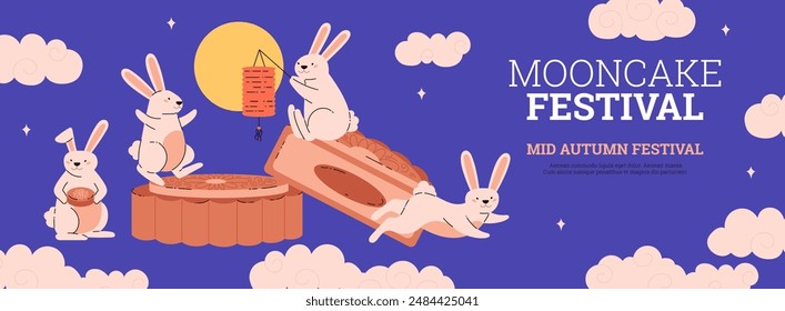 Moon Pie Festival. Vector banner with cute bunnies on a moon cake with Chinese lantern on a background of blue sky and clouds. Asian traditional mid-autumn festival. Flat style with space for text.