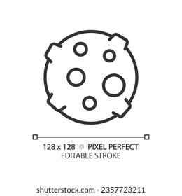 Moon pixel perfect linear icon. Lunar science. Earth satellite. Outer space. Celestial body. Astronomy education. Thin line illustration. Contour symbol. Vector outline drawing. Editable stroke