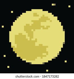 moon pixelated, yellow color, and night sky with stars, vector illustration 