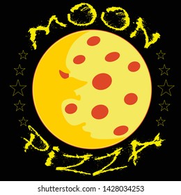 moon pizza logo or sticker on black background with face