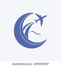 Moon with plane and bird logo design