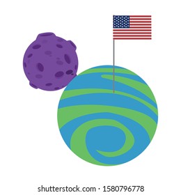 moon and planet with american flag over white background, vector illustration