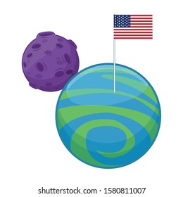 moon and planet with american flag over white background, vector illustration