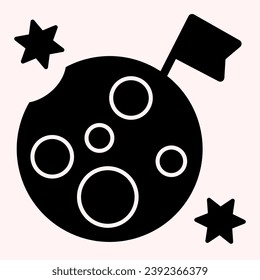 Moon planet with flag glyph icon. Satellite with craters on lunar surface and stars. Astronomy vector design concept, solid style pictogram on white background, use for web and app. Eps 10