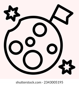 Moon planet with flag line icon. Satellite with craters on lunar surface and stars. Astronomy vector design concept, outline style pictogram on white use for and app. Eps 10.