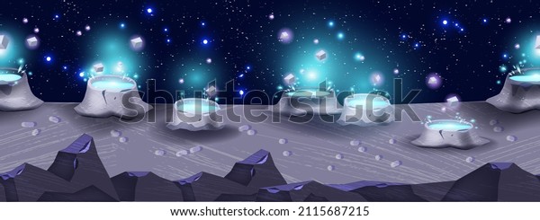 Moon planet landscape, vector game space seamless\
background, alien cartoon ground surface, stone. Rock crater, shiny\
neon flare night star sky, fantastic cosmic futuristic land. Planet\
landscape view