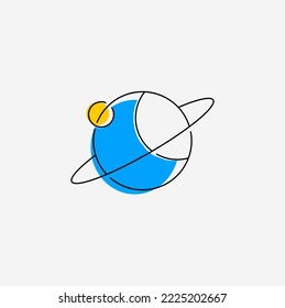 Moon Planet Logo mit elegantem, halbmondblauen Mond und einem Mini-Stern, der den Mond umkreist, mit Logo-Design-Symbol, Vektorgrafik im luxuriösen Stil, blau-gelbe Farbe