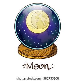 Moon. The planet of the solar system in a glass bowl on a stand. Illustration for design on the astrology, astronomy, spirituality.