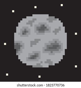 Moon planet in space pixel art. Vector picture.