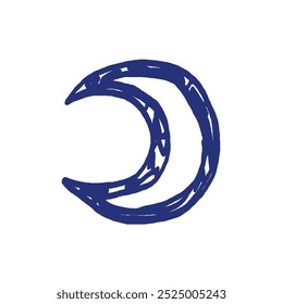 Moon planet symbol pictogram. Horoscope vector sign. Hand drawn sketch. Blue pen or marker drawing. Primitive kids picture