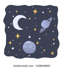 Moon and planets on nightly sky with golden stars. Flat style vector illustration.