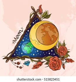 Moon. Planets and stars of Solar system. Symbols for astronomy and astrology.