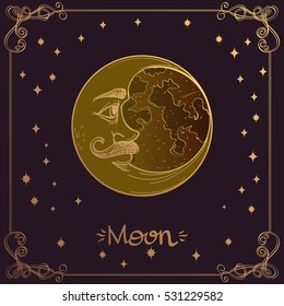 Moon. Planets and stars of Solar system. Symbols for astronomy and astrology. Stylized characters with a gold contour on a dark background.