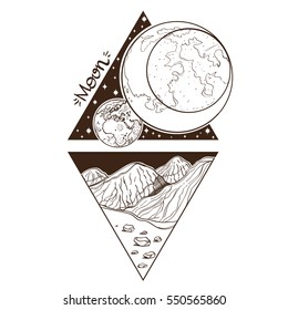 Moon. Planets and stars of Solar system. Symbols for astronomy and astrology. Coloring page. Stylized characters in the form of a triangle on a white background.