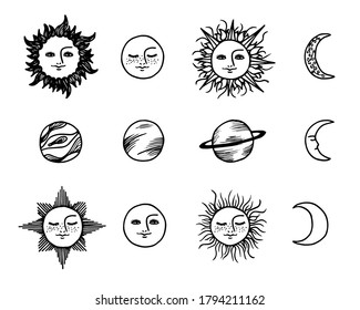 moon, planets, sun, crescent moon with human faces. Set of vector illustrations on the theme of the solar system and esoteric. Hand drawn and traced elements
