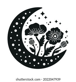 Moon with poppies. Wild flowers with sparkles. Boho illustration. Poppy silhouette. Vector black and white art