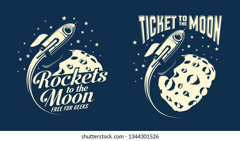 Moon Posters With A Flying Rocket. Retro Vintage Stamp Style. Vector Illustration.