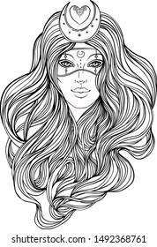 Moon princess. Tribal Fusion Boho Diva. Beautiful divine girl with crescent tiara and venetian mask. Bohemian goddess. Hand drawn elegant illustration. 