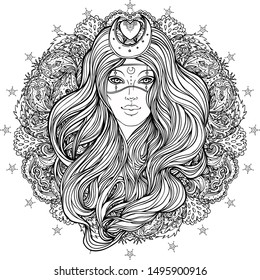 Moon princess. Tribal Fusion Boho Diva. Beautiful divine girl with crescent tiara and venetian mask. Bohemian goddess. Hand drawn elegant illustration. 