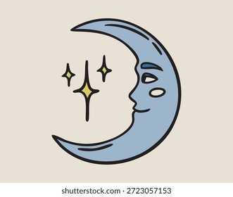 Mond im Profil künstlerischen Gesicht, Boho mystischen Hexe handgezeichnet Stil. Vektorgrafik.