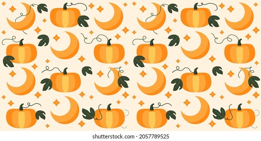 moon and pumpkins endless orange background. childrens halloween pattern. illustration with festive decor.