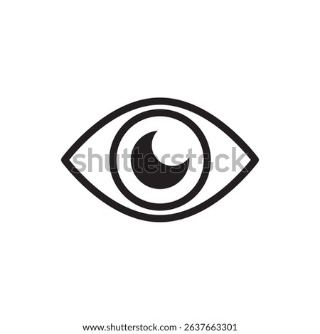 Moon pupil eye. Abstract vision icon. Black rounded shape. Vector mystical symbol.