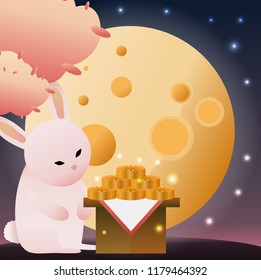 Moon Rabbit watching Moon while eating moon cake