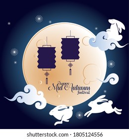 moon with rabbits clouds and lanterns design, Happy mid autumn harvest festival oriental chinese and celebration theme Vector illustration