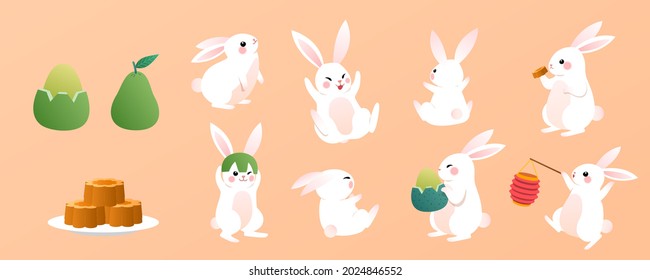 Moon rabbits and holiday foods. Flat illustrations of cute jade rabbits of Chinese legend with traditional desserts for Mooncake Festival