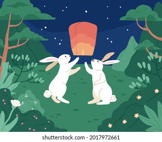 Moon rabbits launching Chinese paper lantern to night sky for Asian mid-autumn festival. Cute white hares with traditional festive light lamp. Flat vector illustration of Japanese bunnies playing