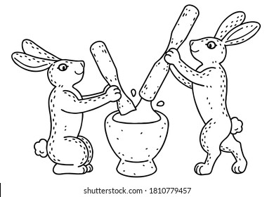 Moon rabbits pounding the rice cake. Vector line art illustrations set.