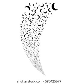 Moon random fireworks stream. Vector illustration style is flat black iconic symbols on a white background. Object fountain combined from scattered pictograms.
