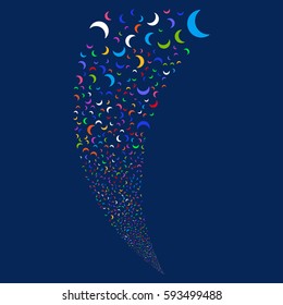 Moon random fireworks stream. Vector illustration style is flat bright multicolored iconic symbols on a blue background. Object fountain made from scattered pictograms.
