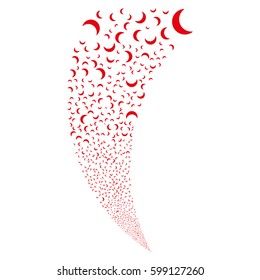 Moon random fireworks stream. Vector illustration style is flat red iconic symbols on a white background. Object fountain created from scattered symbols.