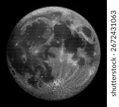 Moon with realistic detailed rugged surface texture in contrast halftone dot effect pattern. Grunge black and white styled dotwork. Pointillism. Noisy grainy shading using dots. Vector illustration