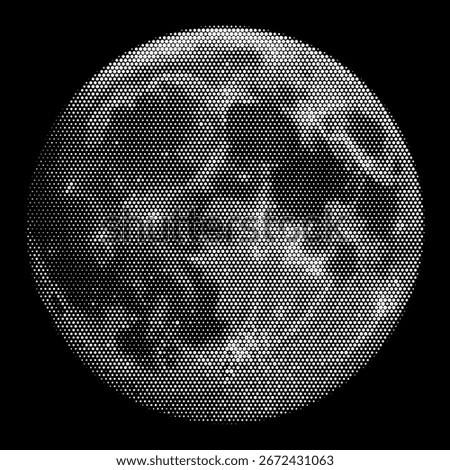 Moon with realistic detailed rugged surface texture in contrast halftone dot effect pattern. Grunge black and white styled dotwork. Pointillism. Noisy grainy shading using dots. Vector illustration