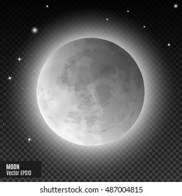 Moon. Realistic detailed white full moon isolated on transparent background. Eps10 vector illustration, easy to use.