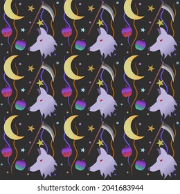 The moon ,red eyes wolf ,scythe and apple halloween pattern for card ,poster, wallpaper, textile and background