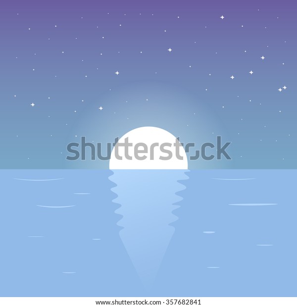 Moon Reflecting In A Sea. Night\
Background On Nature. Night Lake. Night Sky. Vector\
Illustration